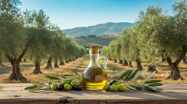 Glass bottle of extra virgin olive oil with fresh olives on a wooden table in a sunny Tuscan orchard