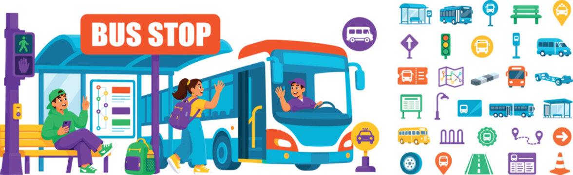 Bus Stop Transit banner scene with three expressive stylized passengers waiting beside oversized bus stop shelter and city bus across the full canvas, giant route sign reaching top edge, bus front
