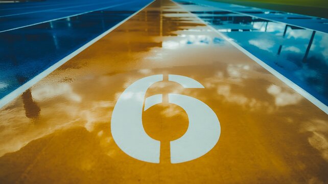 Close-up view of a running track with the number six painted on a wet surface after a rain shower