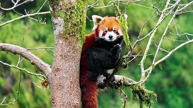 Close-up portrait of the red panda (Ailurus fulgens), also known as the lesser panda, captured in a jungle environment with a soft blurred background. The detailed wildlife shot highlights the animal&rsquo;