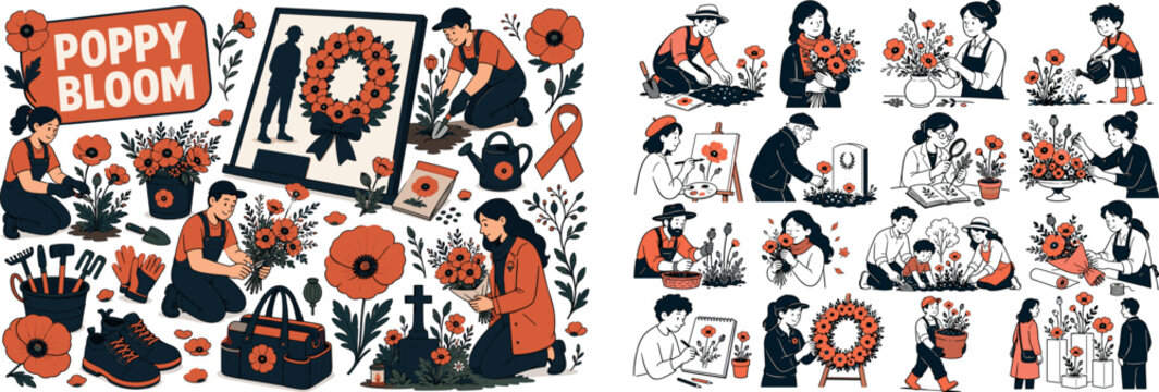 Poppy Flower Remembrance banner, clean focused banner scene of two gardeners and a memorial visitor arranging oversized poppy flowers beside a large floral wreath board, seed packet, botanical leaves,