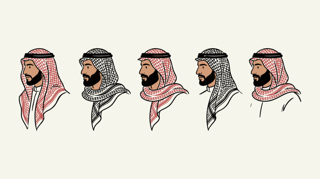 Illustrated sequence of masculine profiles showcasing traditional Middle Eastern headscarf styles
