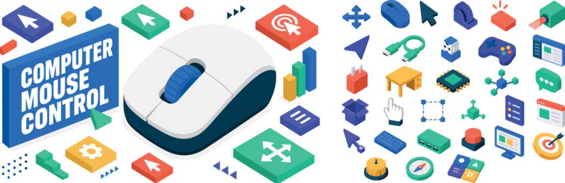 Computer Mouse Control , oversized computer mouse with bold scroll wheel depth, floating cursor blocks and diagonal interface tiles, asymmetric editorial layout, electric blue and coral with warm