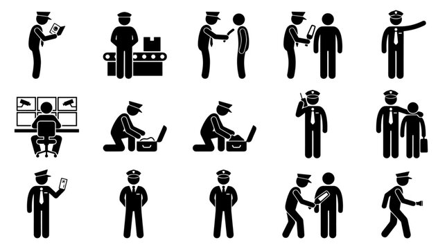 Security checkpoint and surveillance staff icon set for public safety procedures