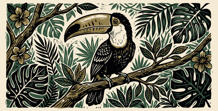 Toucan bird tropical illustration in linocut and block print style isolated on light background