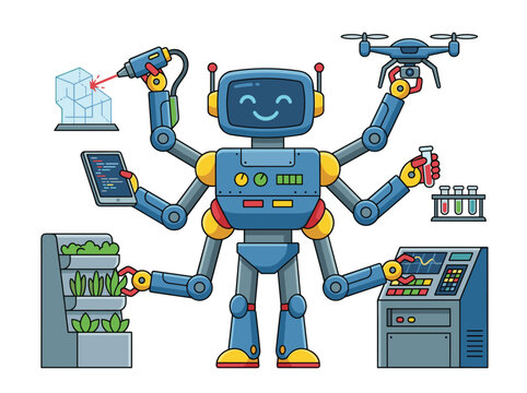 Robotic multitasking automation futuristic sixarmed robot handling technology. Smiling blue red yellow robot operating drone tablet laser plants. Science innovation agriculture machinery laboratory