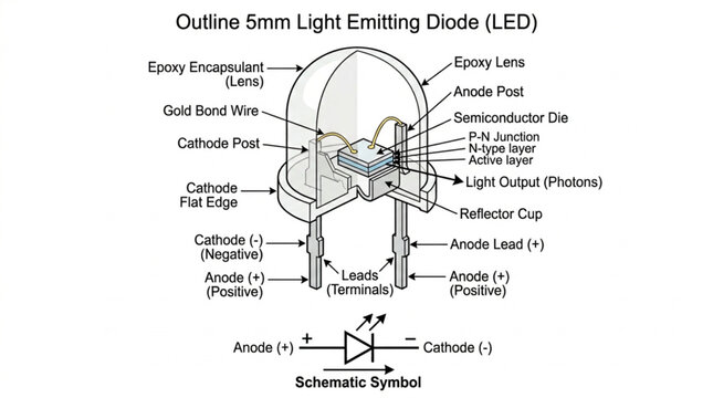 Diagram of a 5mm Light Emitting Diode LED with Schematic Symbol.