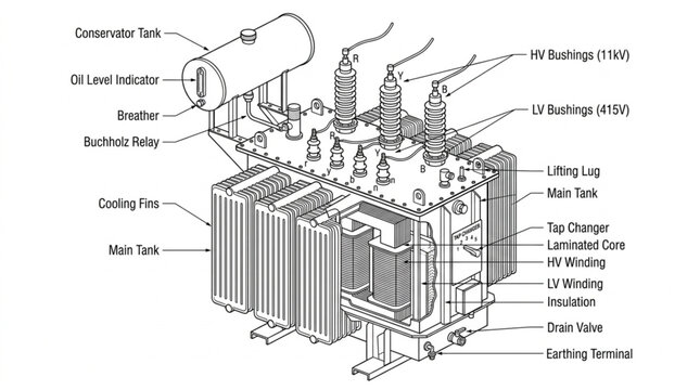 Diagram of a large electrical power transformer with labels.