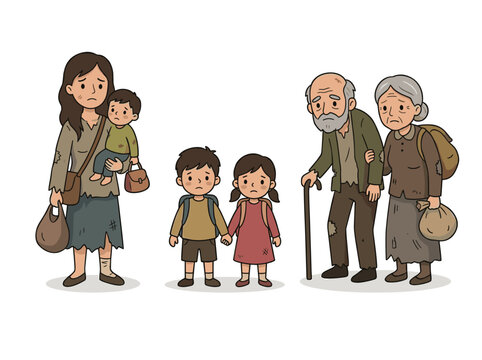 Refugee family, distressed expressions. Diverse group, different ages. Illustration depicts hardship, poverty. Isolated white background