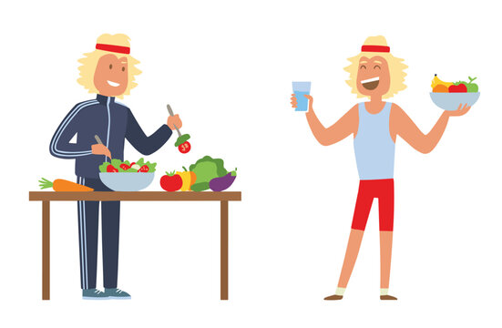 Healthy man wearing tracksuit, preparing fresh salad wooden table. Young athlete fitness attire holding fruity bowl, smiling water glass isolated white backdrop vector illustration. Nutritional