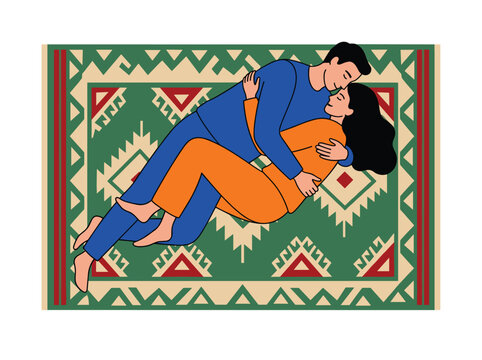 Sleeping couple embraces tightly patterned rug, indoors resting. Man wears blue pajamas, woman orange loungewear. Ethnic design green carpet, romantic moment intimate embrace. Symmetrical