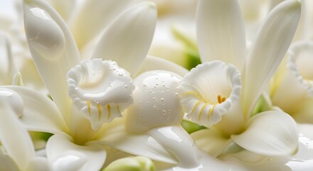 Obraz premium White Vanilla Orchids with Dew Drops Elegant Vanilla Blossom Macro Scene Tropical Orchid Floral Background Luxury Vanilla Flower Cluster Fresh White Orchid Close-Up Romantic Vanilla Orchid Photography