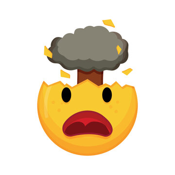 Shocked yellow cartoon emoji with head exploding into a dark smoke mushroom cloud. Vector illustration of a mind blown or amazed facial expression isolated on white.