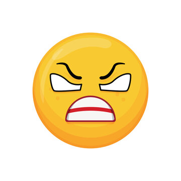 Furious yellow cartoon emoji face with aggressive white eyes and clenched teeth. Vector illustration of an angry screaming face expression isolated on white.