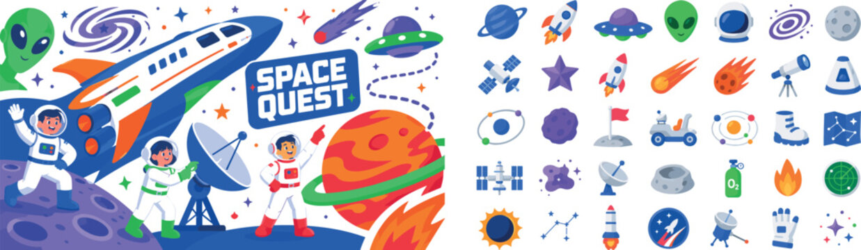 Space Galaxy Exploration banner scene with three cheerful astronauts interacting around oversized planet and giant spaceship, one waving beside moon crater, one guiding satellite dish, one pointing at