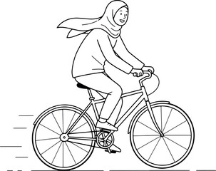 Obraz premium Young Woman Riding Bicycle Illustration in Simple Line Art Style