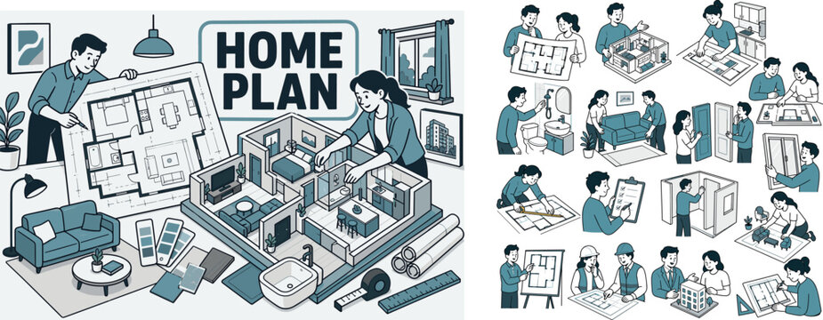 Apartment Layout Blueprint Banner scene about modern apartment floor plan, architecture layout and interior renovation, 2 expressive interior designers working around one oversized blueprint sheet and