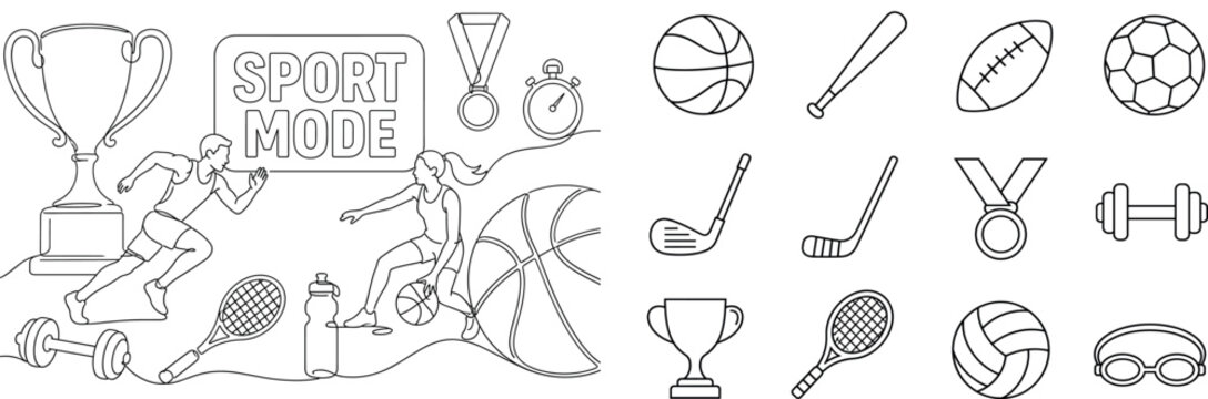 Minimal Sport Collection. Banner composition with 2 athletes training across the full wide canvas, one oversized trophy and one oversized basketball reaching opposite edges, with small dumbbell,
