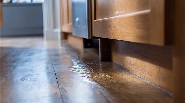 Water Damage on Kitchen Floor from a Leak, Low Angle View of a Puddle on Hardwood Near Cabinet, Showing Home Repair Emergency Need