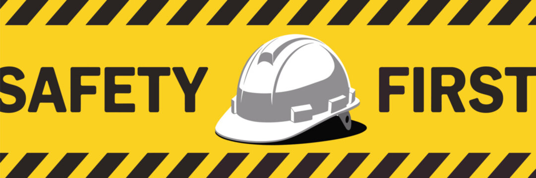 Safety First Construction Sign: Industrial warning poster featuring a white hard hat with bold black hazard stripes on a yellow background. workplace safety, construction protection, caution notice.