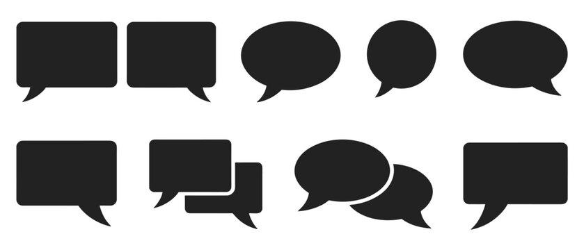 Minimal Black Speech Bubble Icons: Clean communication symbols featuring rounded and rectangular chat bubbles arranged in rows. messaging interface, modern dialogue icons, simple conversation shapes.