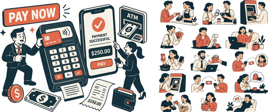 Money Payment Stories Pack flat vector digital illustration, doodle flat, thick outline, expressive characters, simple shapes, playful proportions, exaggerated scale, minimal detail, solid fill, high