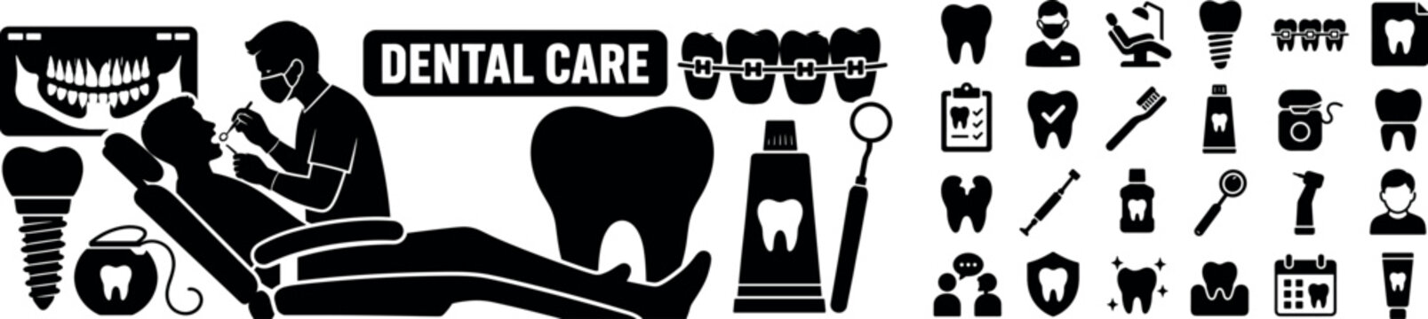 Dentistry Dental Care. Clean solid filled banner composition of dentistry treatment scene with one dentist and one patient beside an oversized tooth and large dental chair reaching opposite edges,
