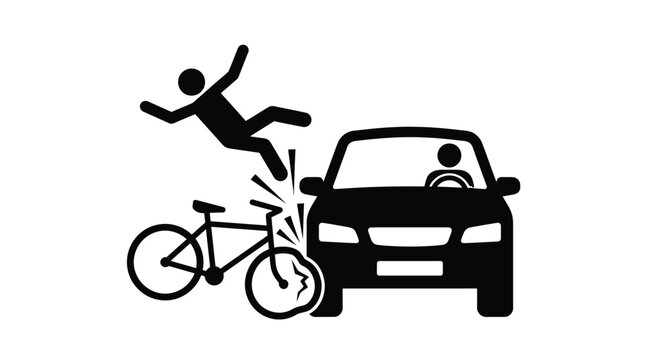 Black silhouette icon depicting a serious bicycle collision with a motor vehicle on the open road