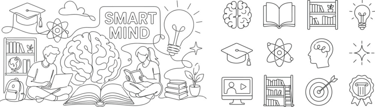 Knowledge Growth Icons. Clean one-line drawing banner with two students beside a giant brain and open book, oversized brain and light bulb as the main objects, small bookshelf, graduation cap, atom,