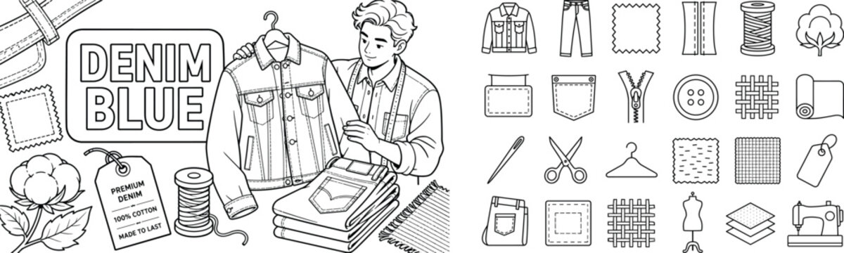 Denim Fabric Texture. Clean outline line art banner of fashion textile workshop scene with 1 character, designer arranging oversized denim jacket and folded jeans, stitch seam, fabric patch, cotton