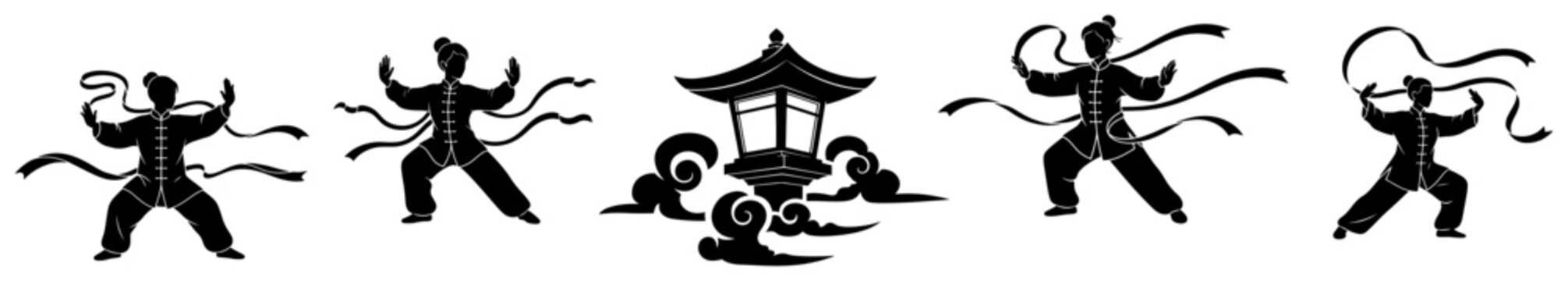 Tai chi martial arts silhouettes with ribbons and traditional chinese pagoda on clouds