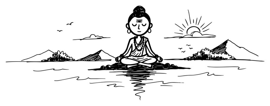 Buddha meditating on water with mountains and sunset in minimalist sketch style