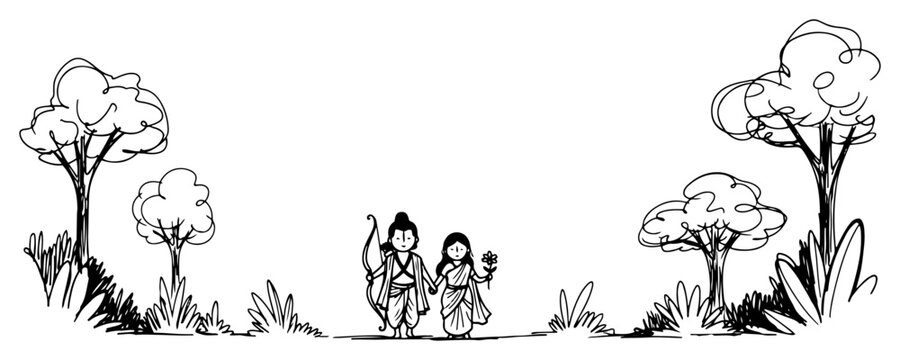 Lord Rama and Goddess Sita walking through forest landscape in hand drawn doodle style