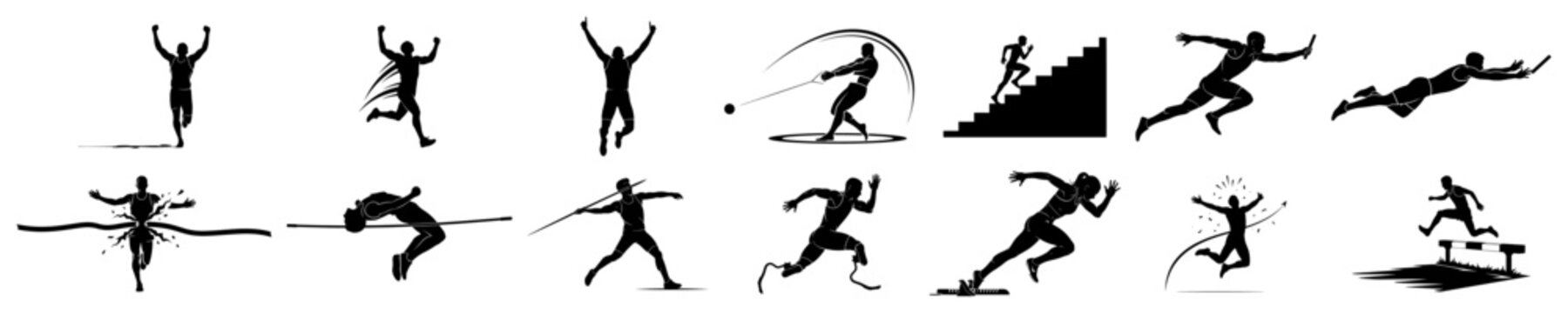 Athletes performing various track and field sports including running and jumping silhouettes