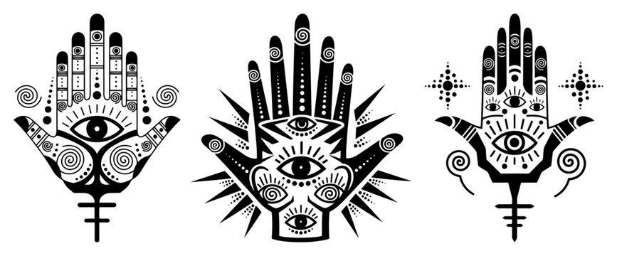 Hamsa hand symbols with eye of providence in mystical black and white vector style