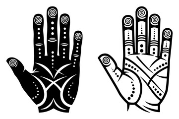 Fototapeta premium Palmistry hand with spiritual line and dot patterns in mystical hamsa style