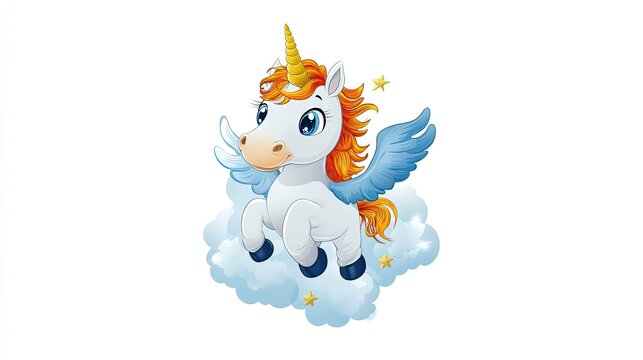 Cute winged unicorn flying on clouds