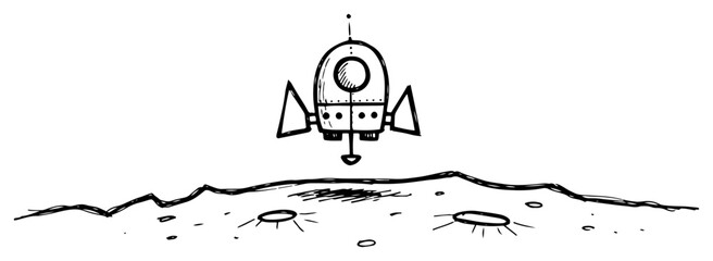 Rocket ship landing on cratered planet surface in hand drawn doodle style © Logan
