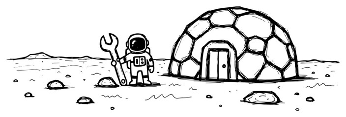 Astronaut with wrench standing near geodesic dome habitat in minimalist line art style © Logan