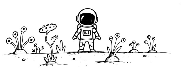 Astronaut exploring garden of alien plants on strange planet in minimalist line art style © Logan