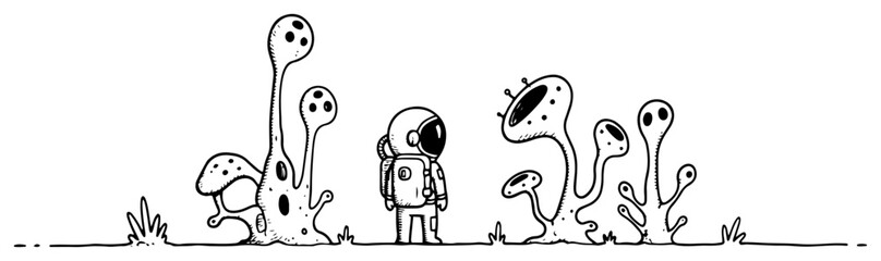 Astronaut exploring alien planet landscape with strange plants in hand drawn doodle style © Logan