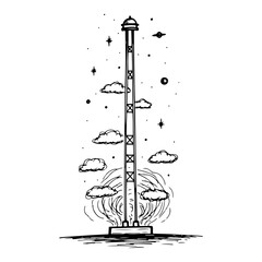Space elevator reaching through clouds to stars and planets in hand drawn doodle style © Logan