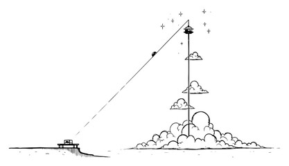 Astronaut base connected to tall space elevator on horizon in hand drawn doodle style © Logan