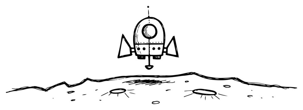 Rocket ship landing on cratered planet surface in hand drawn doodle style