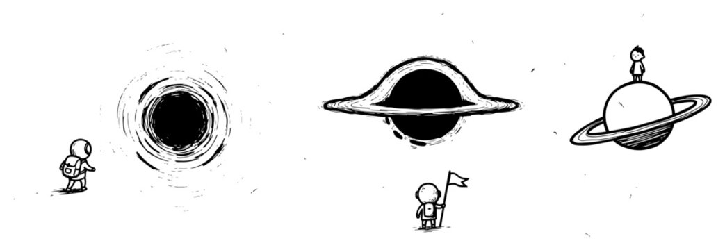 Astronaut exploring black holes and planets in minimalist line art style