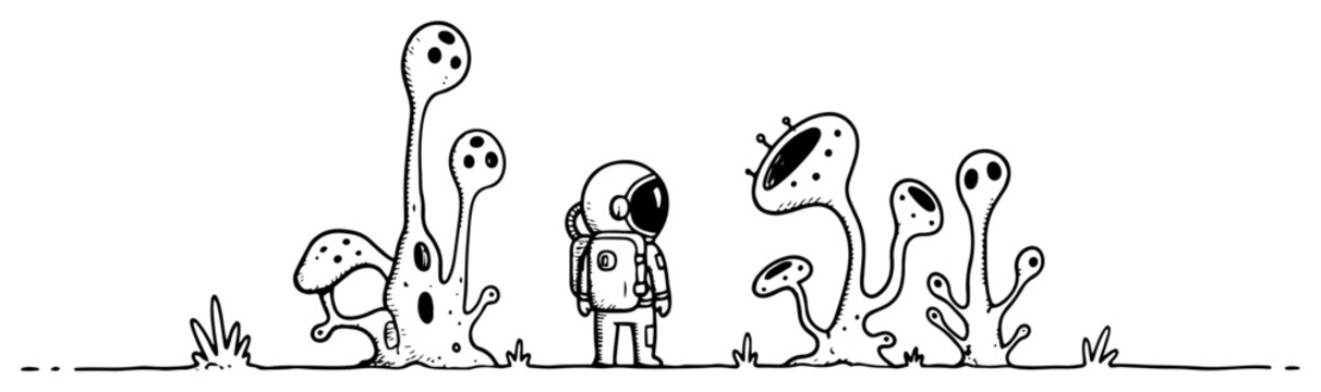 Astronaut exploring alien planet landscape with strange plants in hand drawn doodle style
