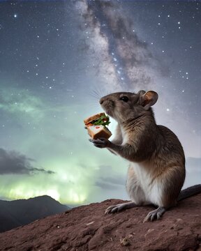 A  viscacha rat genetic hybrid experiment  fantasy animal, fictional species in a nebula ridge eating a sandwich
