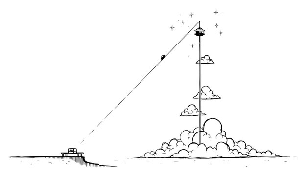 Astronaut base connected to tall space elevator on horizon in hand drawn doodle style