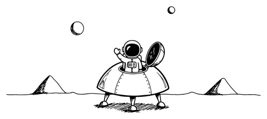 Astronaut waving from small flying saucer on alien planet surface in hand drawn doodle style © Logan