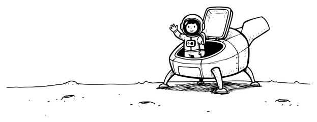 Astronaut waving from lunar landing module on moon surface in hand drawn doodle style © Logan